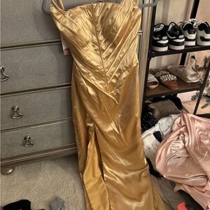 Strapless Gold Satin Evening Dress